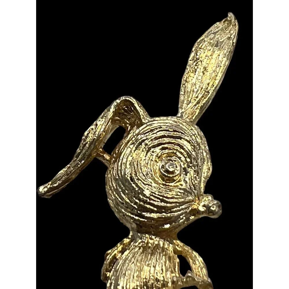Brooch Bunny Rabbit Pin Holding Flower w/ Pearl Brushed Gold Tone 2” Easter Gift